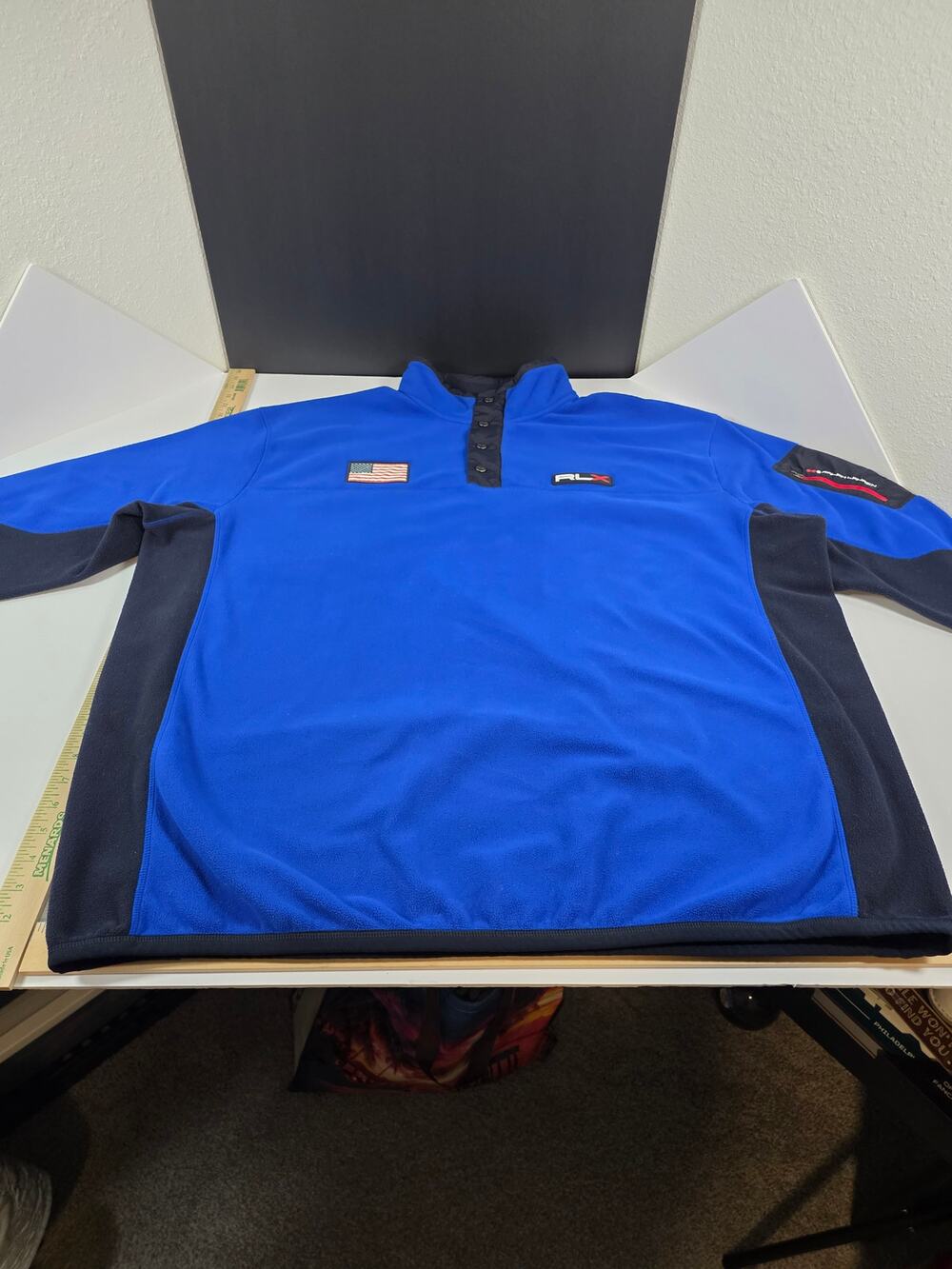 RLX Ralph Lauren 3XB Fleece Pullover Blue USA Flag 1/4 Zip Snap Big Tall